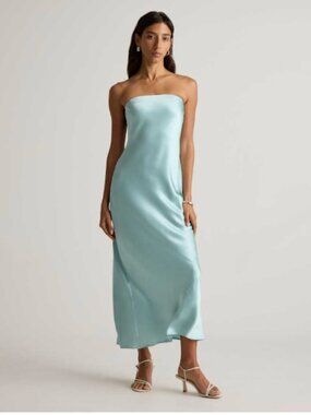 Quince 100% Washable Silk Strapless Midi Dress, Medium, Aqua Pearl
